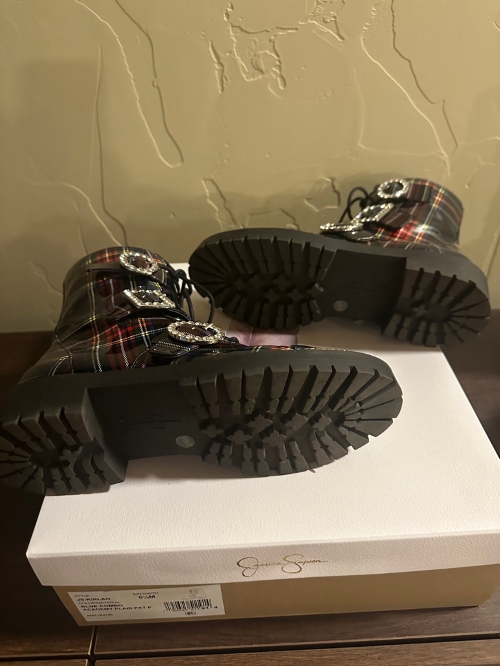 Jessica Simpson Black Red Plaid Patent Combat Boots with Crystal Trim - Picture 3 of 3